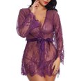 thumbnail image 2 of Women's Lace Trim Long Sleeve Belted Sheer Mesh Sleep Robe Nightgown, 2 of 9