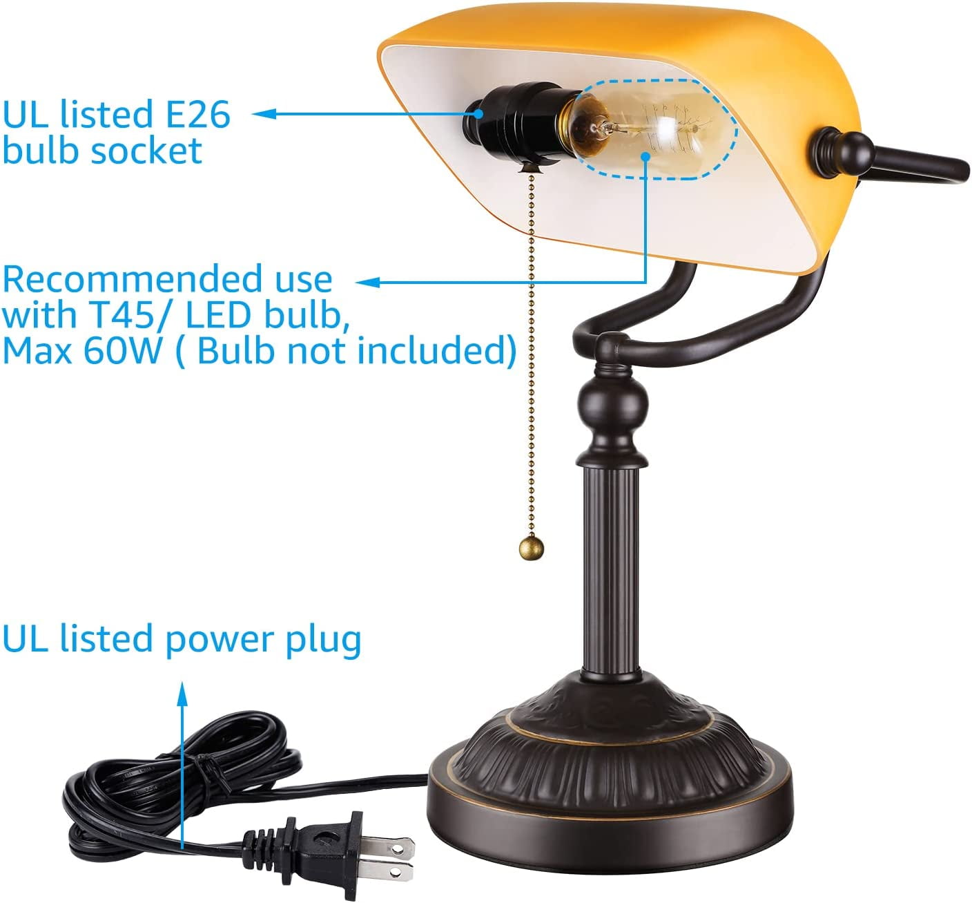Traditional Bankers Lamp with Pull Chain Switch, Amber Glass Shade, Retro Bronze Base, UL Listed, E26 Base
