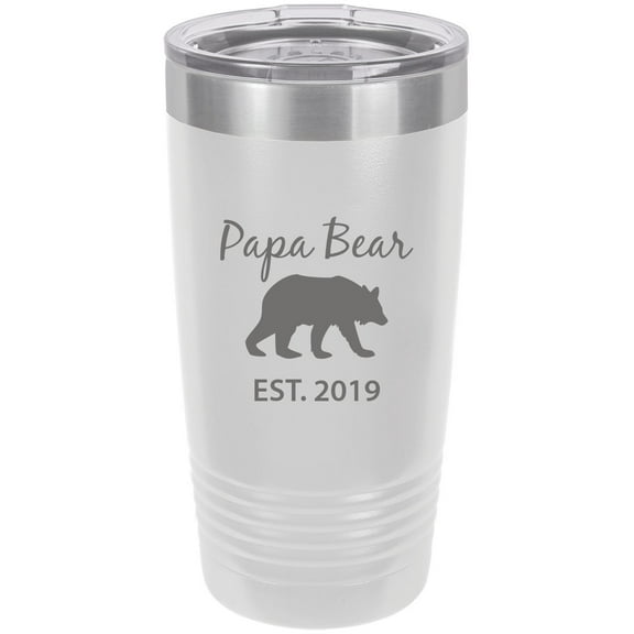 Papa Bear Established Est. 2019  Stainless Steel Engraved Insulated Tumbler 20 Oz Travel Coffee Mug, White