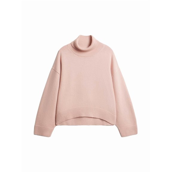 Women High Neck Sweater Chunky Long Sleeve Knitted High Low Hem Trendy Fall Winter Jumper Blouse Pink M