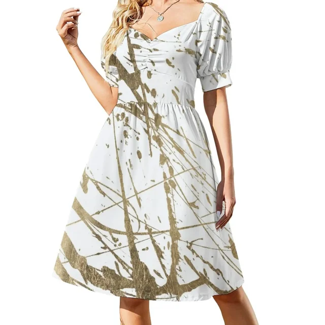 Vestido de verano sin mangas con salpicaduras de pintura dorada sintética blanco abstracto artístico