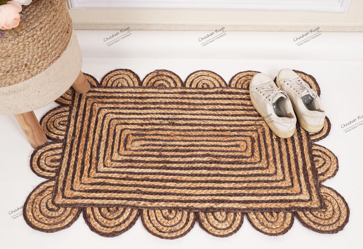 Rectangle Rug Natural Jute Rug Hand Braided Beige and Brown Color Stripes Line Area Rug