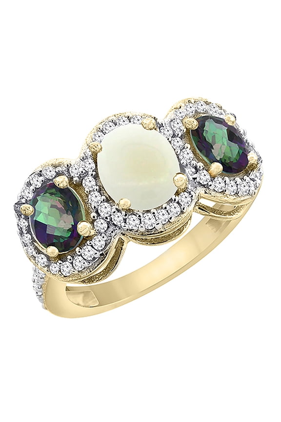 14K Yellow Gold Natural Opal & Mystic Topaz 3-Stone Ring Oval Diamond Accent, size 7