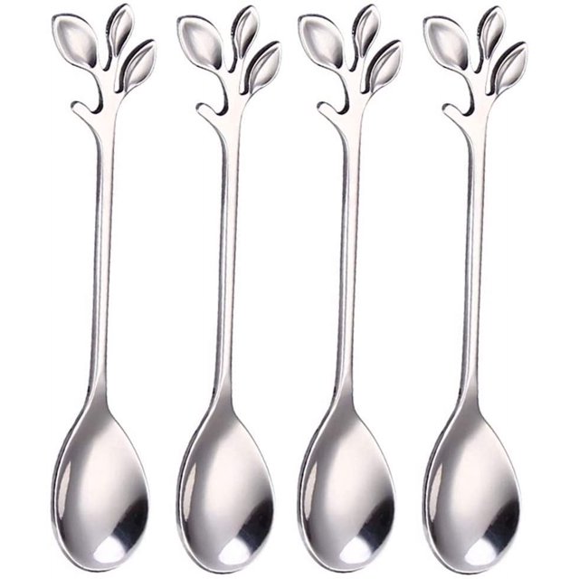 Paquete de 4 cucharas de café de hoja de acero inoxidable, cucharas de postre para mezclar azúcar, agitar, helado, pastel, cucharadita, 4,9 pulgadas, plateado-plateado- Sailing Electrónica