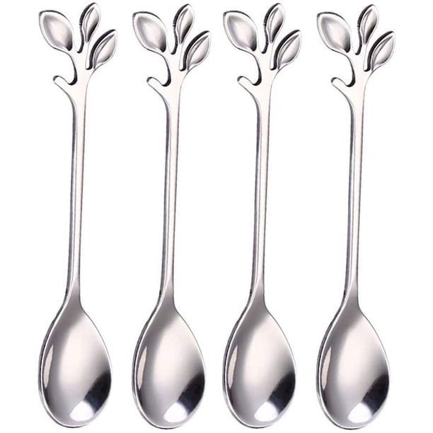 Paquete de 4 cucharas de café de hoja de acero inoxidable, cucharas de postre para mezclar azúcar, agitar, helado, pastel, cucharadita, 4,9 pulgadas, plateado-plateado- oso de fresa Electrónica