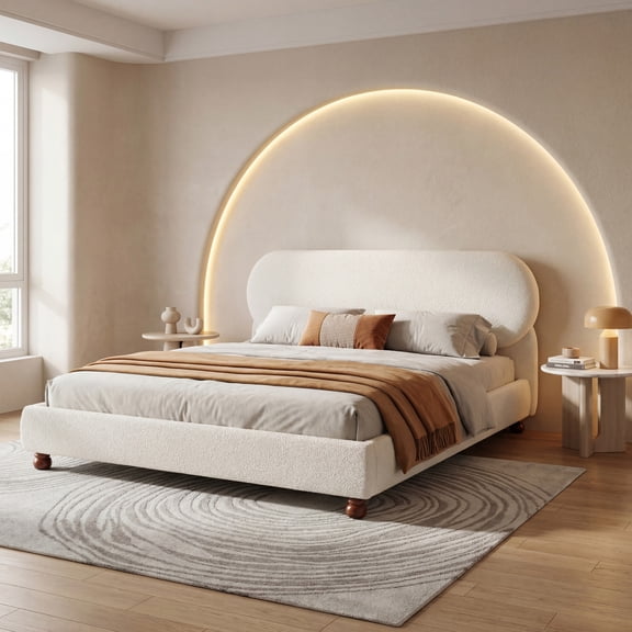 Christopher Knight Home Modern Queen Boucle Upholstered Bed Frame with Rubberwood Legs, White