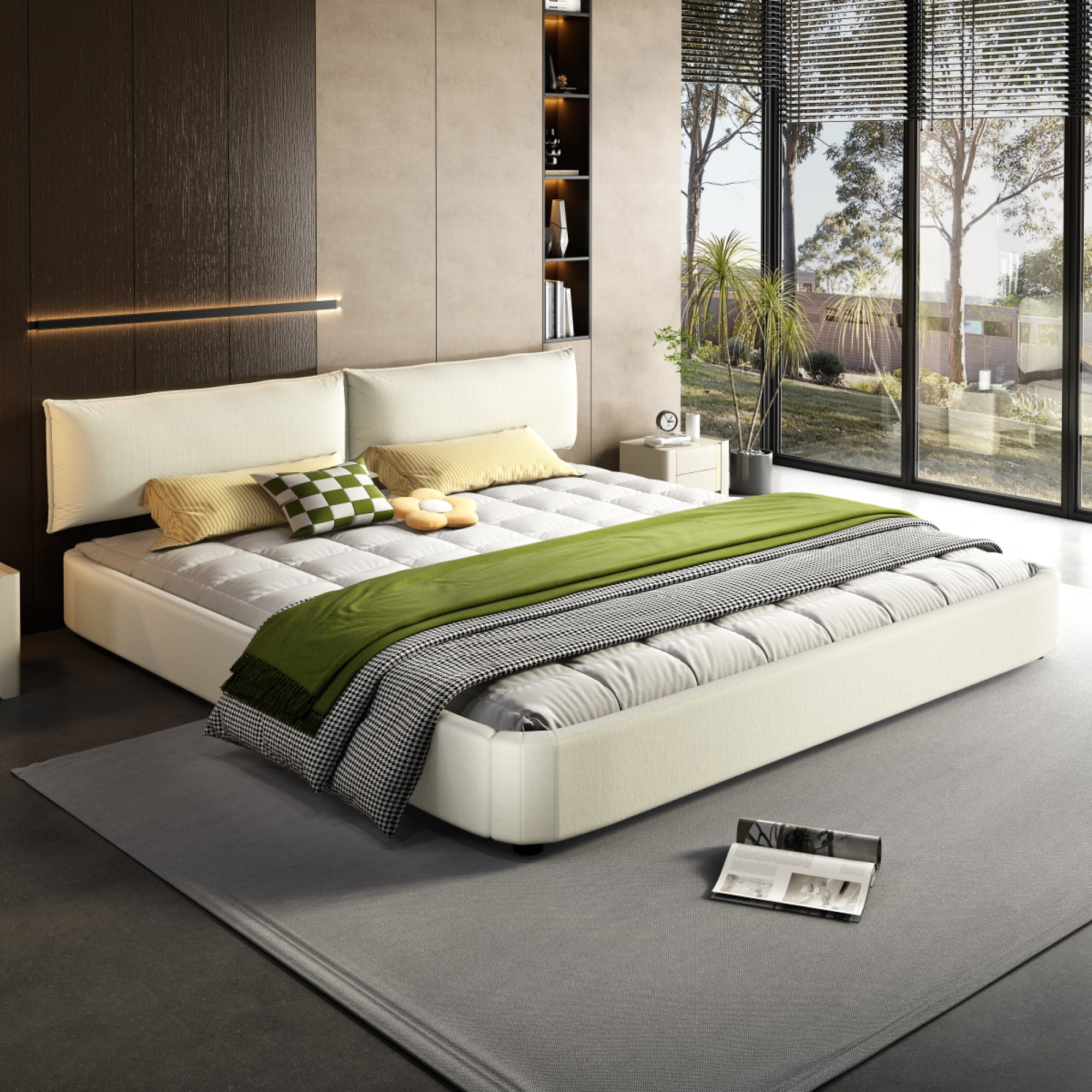 King Size Chenille Cloud Bed Frame - Oversized Padded Movable Headboard, Round Corner Design with Metal & Solid Wood Slat Support, No Box Spring Needed,Beige/White