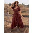 thumbnail image 5 of Red Plus Size Women Tie-Wrap Ruffle Hem Maxi Dress With Puffed Sleeves Boho Western Style, 5 of 7