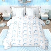 Feelyou Teens Blue Bow-tie Twin Bedding Sets 7-Piece, Butterfly Knot Princess Bedding Comforter Set, Watercolor Bowknot White Reversible Sheet Sets, Ultra Soft Bedroom Decor