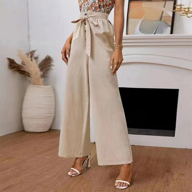 Women's Dressy Casual Wide Leg Solid Cotton Linen Pants Side Slit Button  High Waisted Loose Fit Trousers Joggers Pants(Small,Green) : :  Clothing, Shoes & Accessories