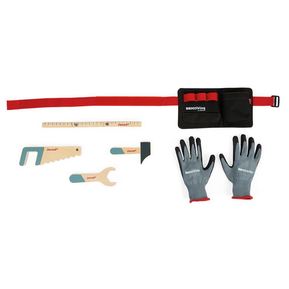 Janod - Brico'Kids - Tool Belt and Gloves - 4 Wooden Tools - Motor Skills Development Toy - Early-Learning  - Creative and Imaginative - For Toddlers - From 3 Years + - Multilingual - J06475.