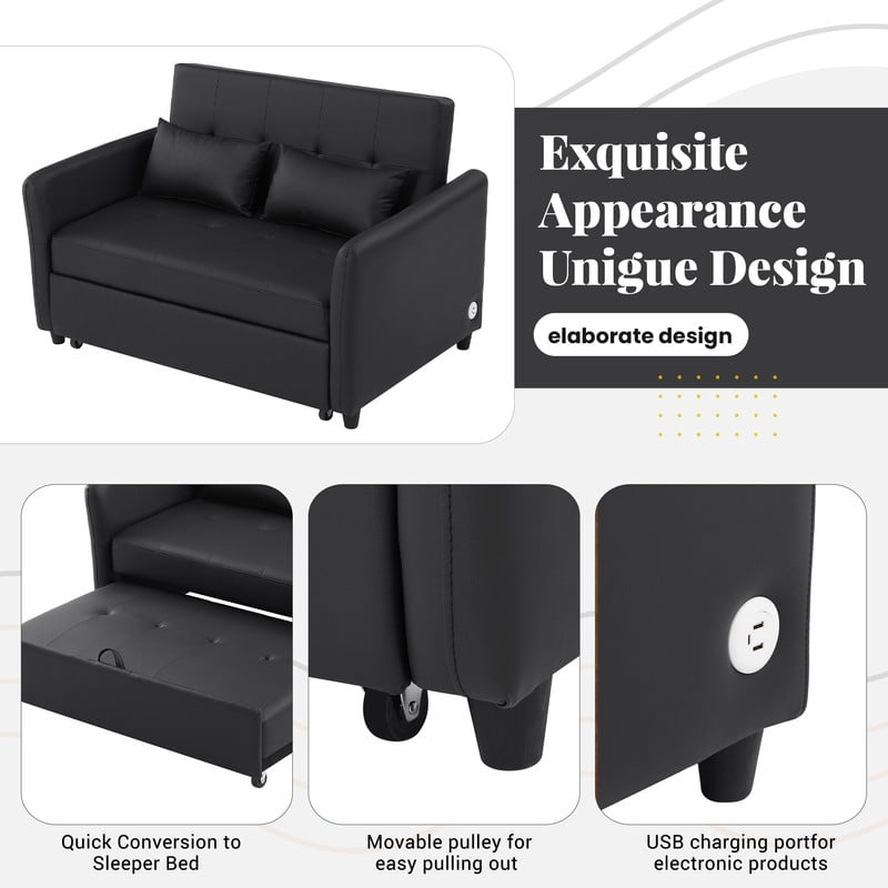 PU Leather Convertible Sleeper Sofa Bed, Adjustable Oversized Chaise Lounge Loveseat Couch with 3 USB Charging Ports