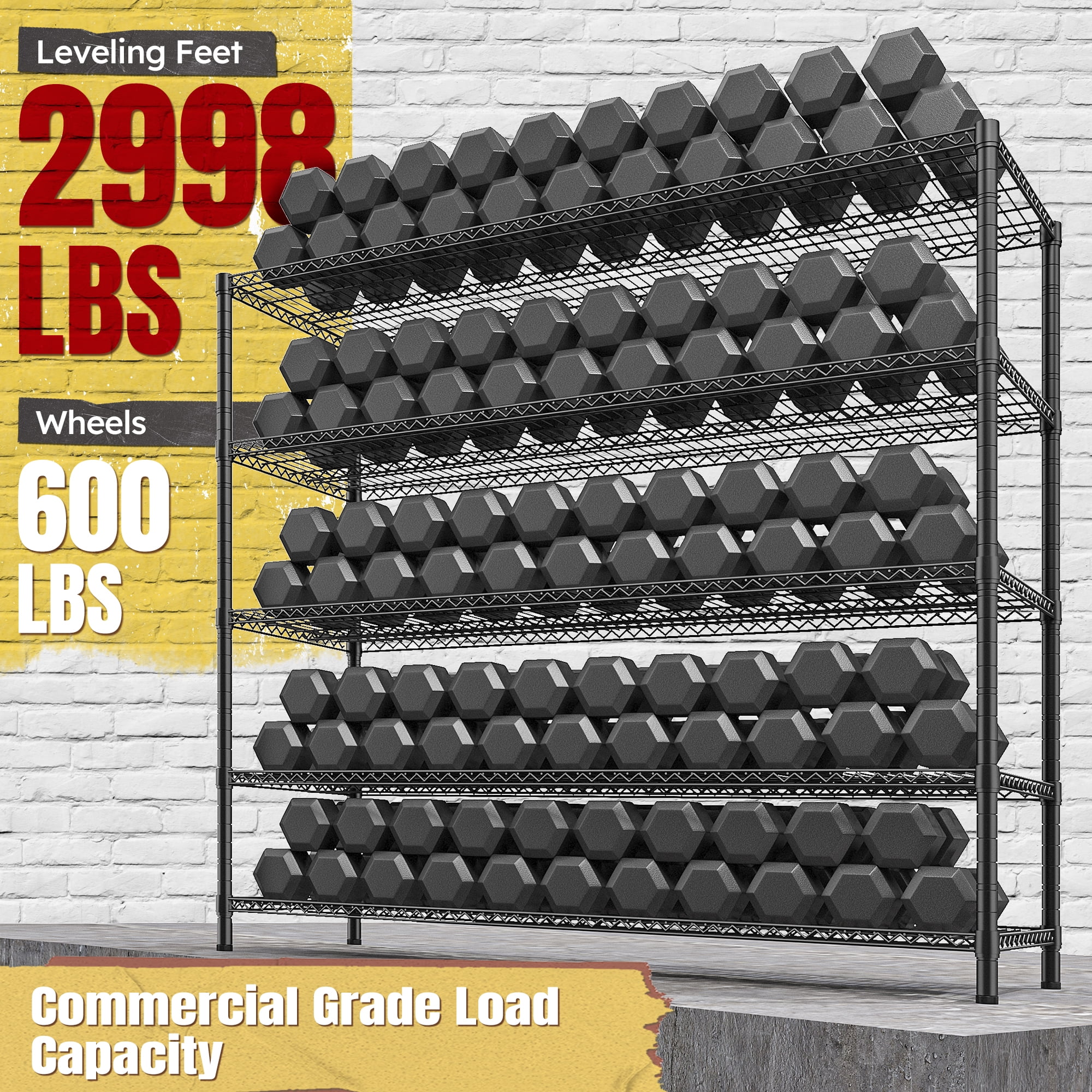 55.2"W x 85.8"H Wire Shelving Rack 3000Lbs Metal Storage Shelves with Wheels 5 Tier Heavy Duty Storage Rack for Garage Rolling Shelving Unit Adjustable Steel Shelves for Kitchen Pantry, Black