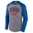 thumbnail image 2 of Men's Fanatics Heather Gray/Heather Blue CO Rockies Vintage Hockey Goal Crease Raglan Tri-Blend Long Sleeve T-Shirt, 2 of 3