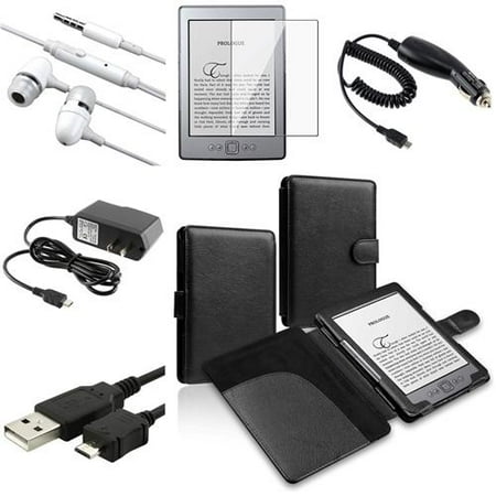 INSTEN 6 Accessory Black Leather Case+2 Charger+Heatset+SP For Amazon Kindle 4 5 th Gen