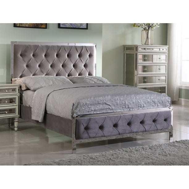 Best Master Furniture Tracy Grey Tufted Velvet Fabric with Chrome, Cal