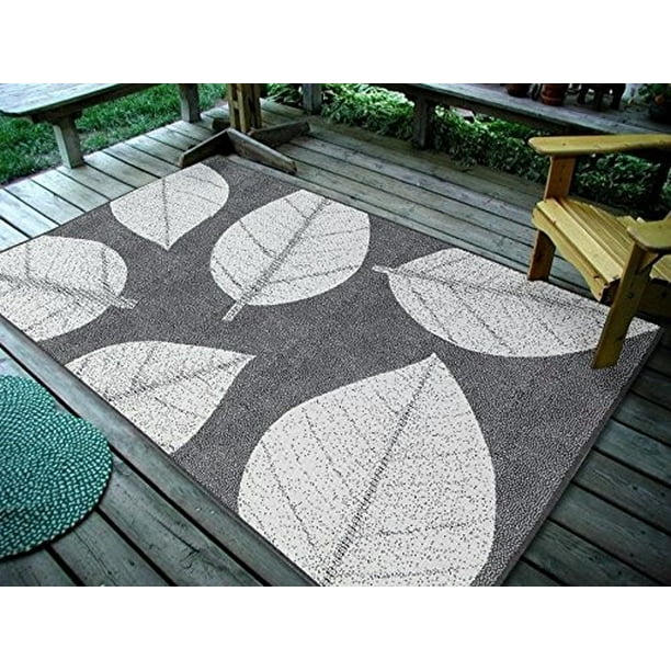 4'5" x7' (135x215cm) Floral Leaves, Grey Indoor & Outdoor Area Rug