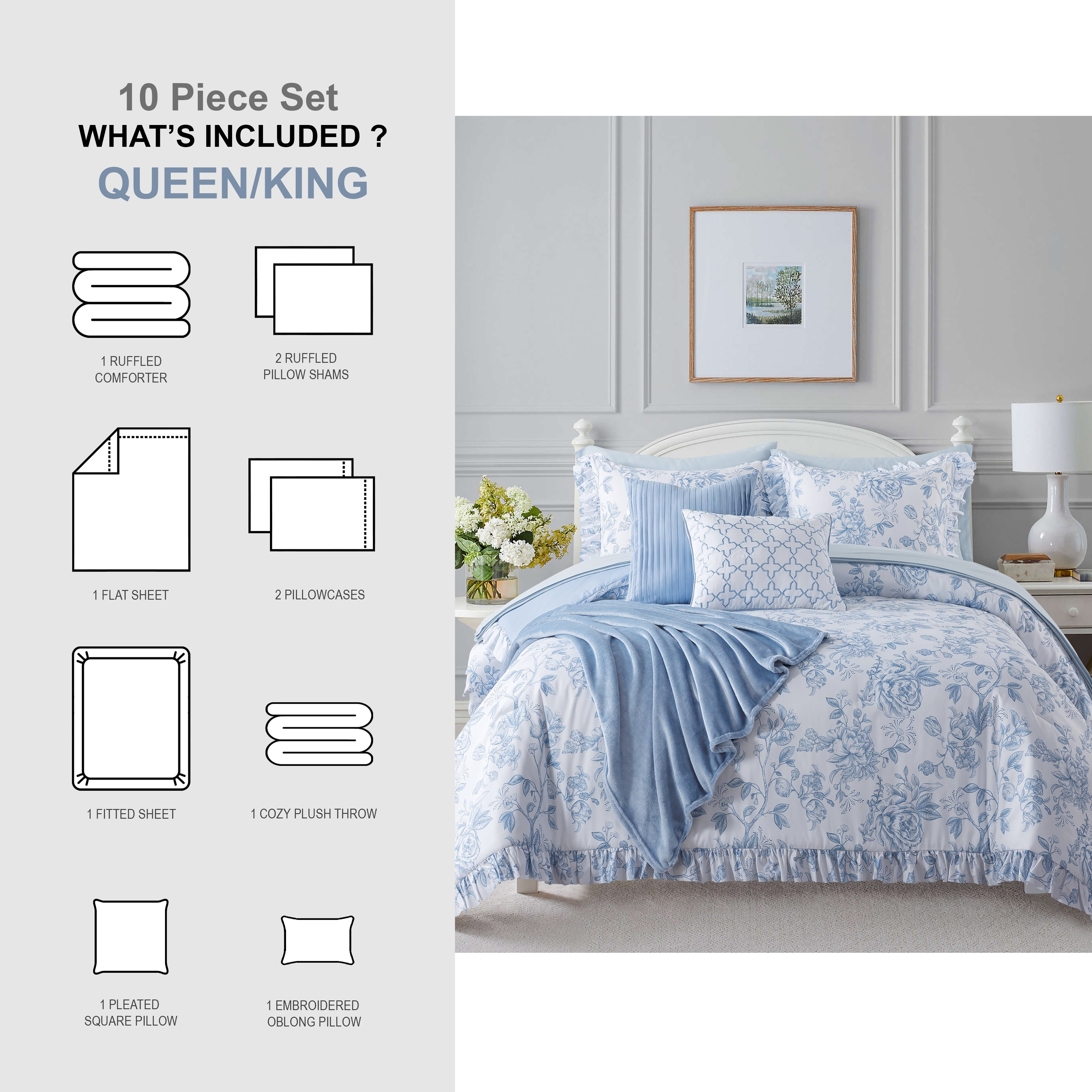 NSH by New Sega Home Annabelle 10-Piece Blue Comforter Set, Queen