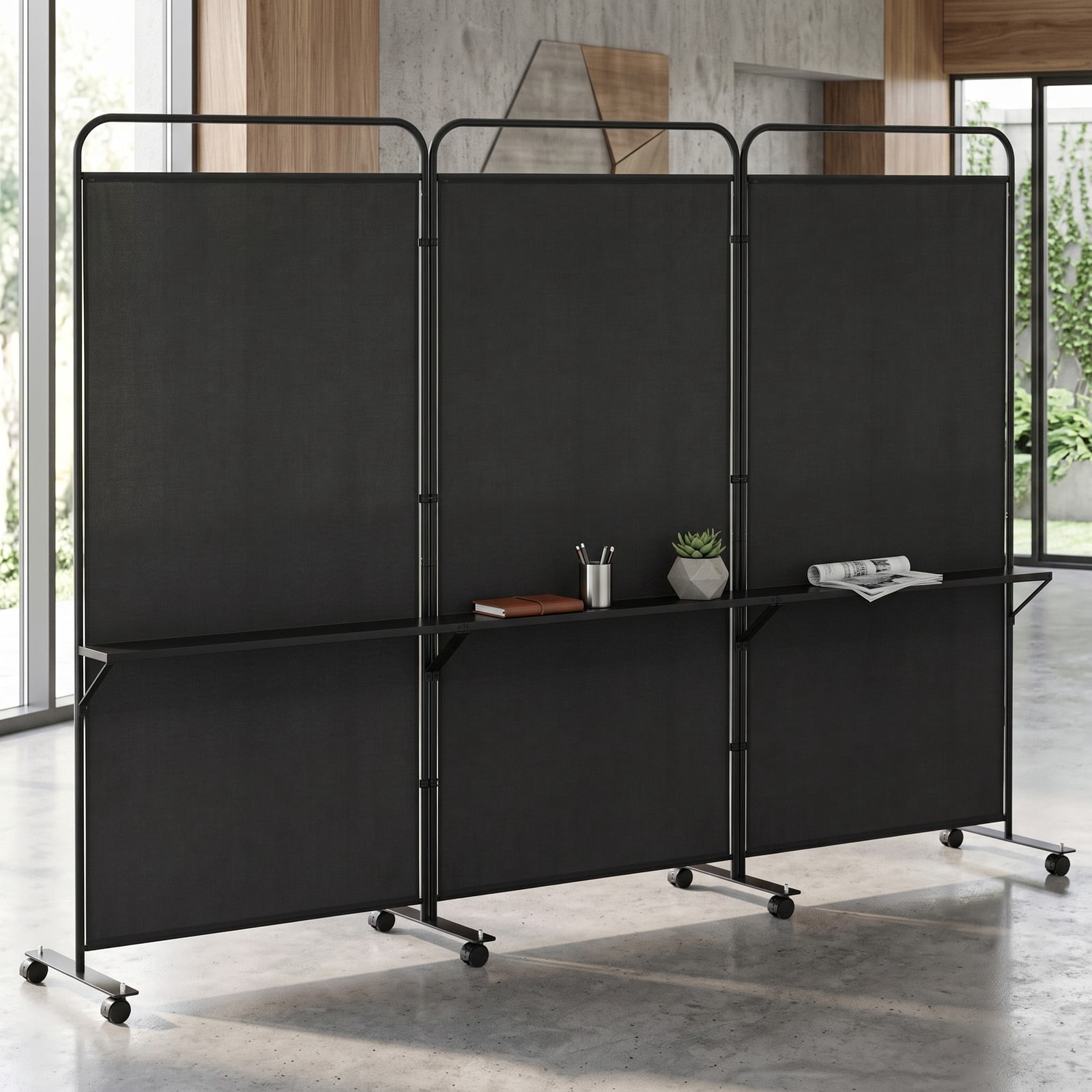 ALPULON 3-Panel Folding Room Divider Privacy Screen with 3 Metal Shelves and Lockable Wheels, Freestanding Partition Panel for Living Room Bedroom Office, Black