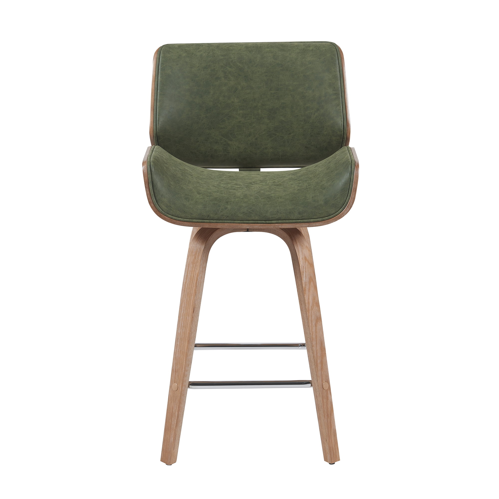Tyler Modern Counter Height Swivel Bar Stool with White Wash Finished Wood and Vintage Green Upholstery