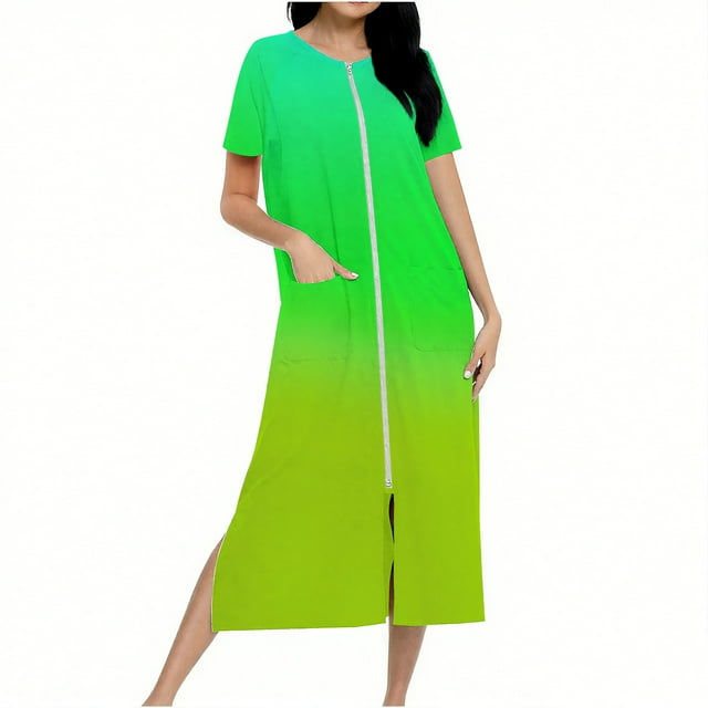 Robes for Women Zip Up Long Housecoat Knit Bathrobes Full Length Pockets