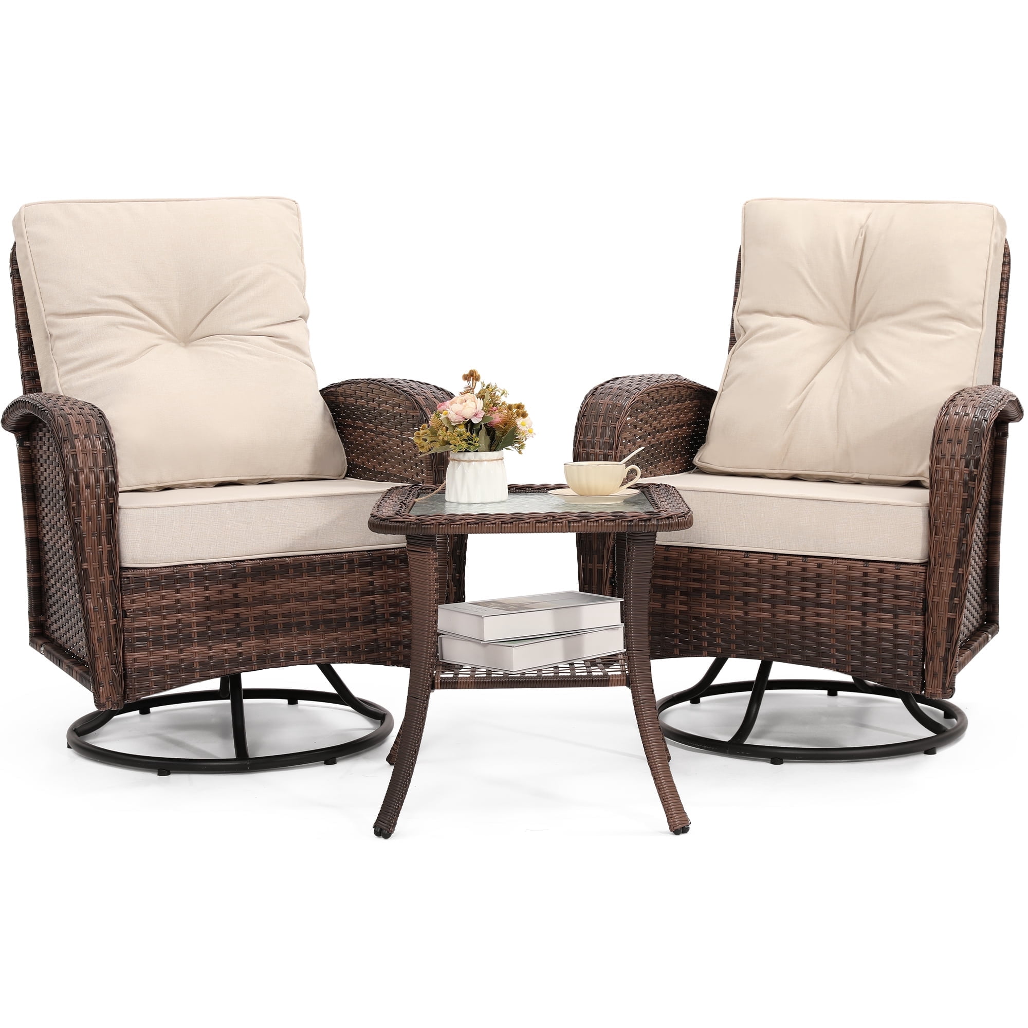 LOGYAT 3-Piece Swivel Wicker Patio Furniture Set, All-Weather Resin Rattan Chairs with Washable Cushions, Tempered Glass Top Side Table for Porch Deck Balcony, Beige Cushions