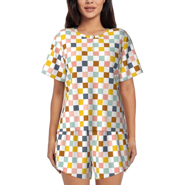 Fotbe Colorful Checkered 1 Conjunto de Pijama Estampado para Mujer, 2 Piezas, Ropa de Dormir con Camiseta de Manga Corta y Shorts Suaves-X-Large