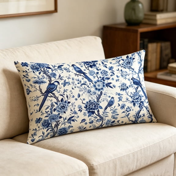 Bird Floral Cushion Case Vintage Blue White Chinoiserie Lumbar Throw Pillow Cover with Hidden Zipper Soft Linen Decorative Pillow Slipcover for Sofa Couch Bedroom Farmhouse Home Decor