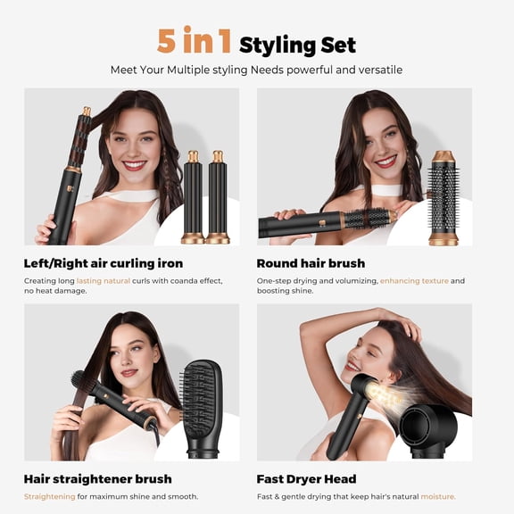5 in ONE Hair Dryer Brush Set with Ionic Technology and Auto-Wrap Curlers for All Hair Types