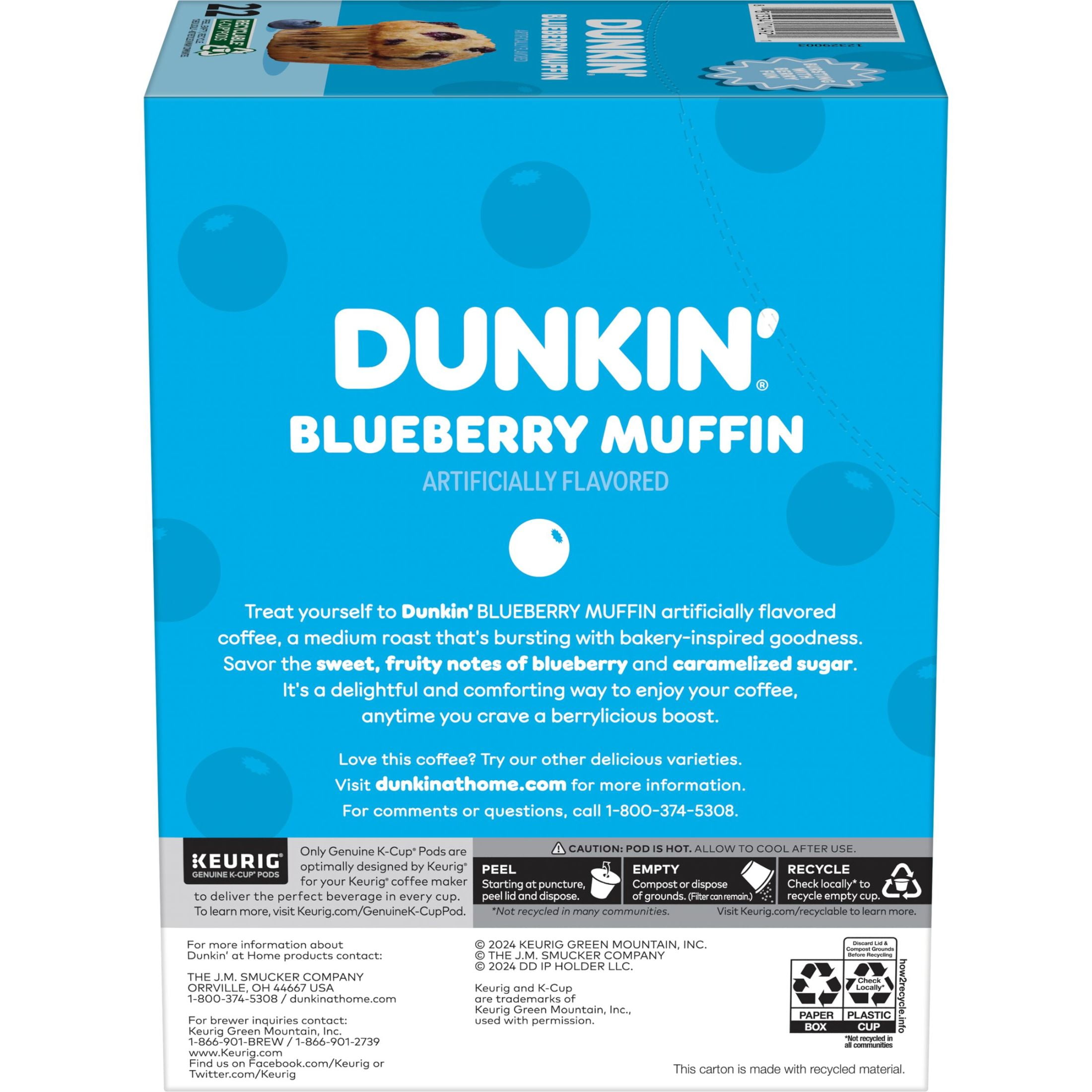 Dunkin’ Blueberry Muffin Ground Coffee, Medium Roast, Keurig K Cup Pods, 22 Count Box