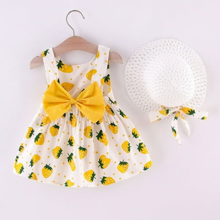 

THE WILD Girls Dresses Cute Bowknot Strawberry Print O-Neck Sleeveless Mini Girls Dresses Yellow