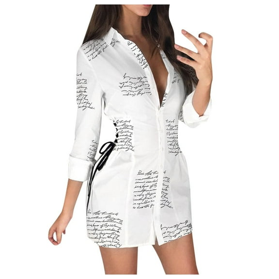 Babysbule Dresses for Women Women Long Sleeve Letter Print Fitted Waist A-Shaped Frenulum Mini Dress