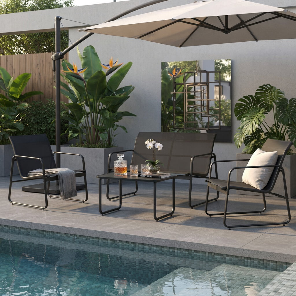 Hommoo 4-Piece Outdoor Patio Conversation Set with Tempered Glass Coffee Table, Metal Frame Loveseat & Armchairs for Backyard, Garden, or Deck, Black