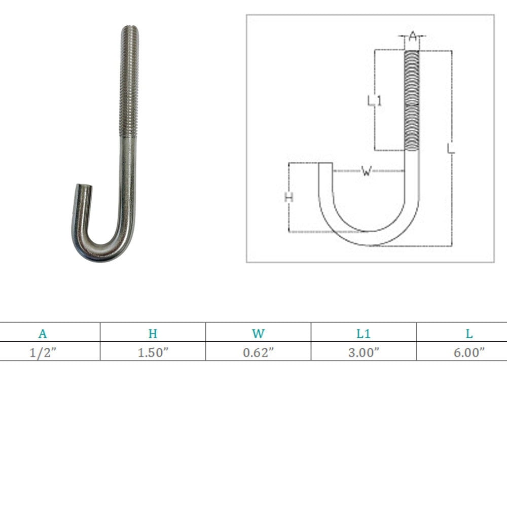 Marine Boat 1/2" x 6" J Bolt Spring Hook J-Bolt J Hook Stainless Steel T316 4Pcs