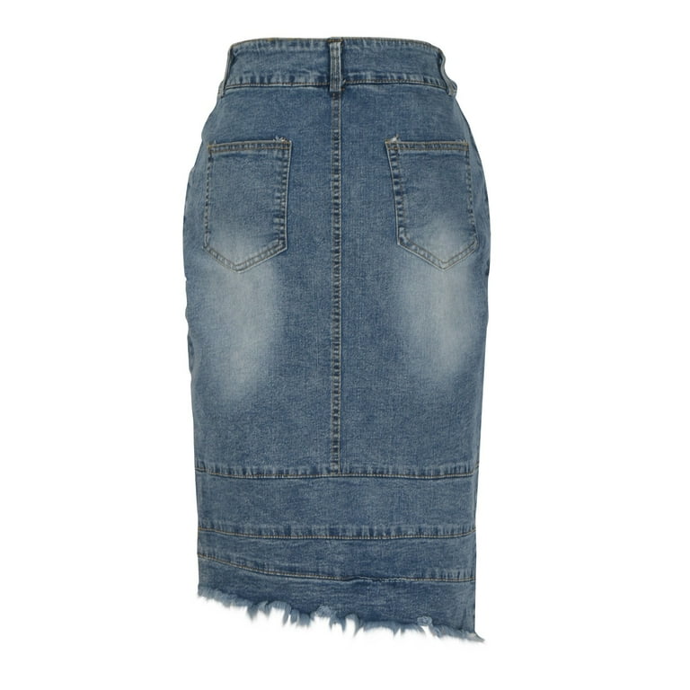 GigrtiJin Women Raw Trim Denim Skirt Asymmetrical Hem Midi Jean