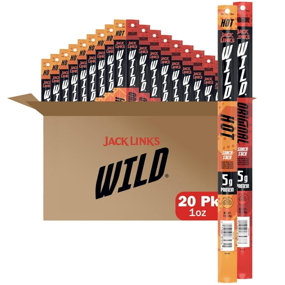 Jack Link's WILD Snack AKF18 Sticks, Original and Hot Variety Pack - Protein Snack Sticks with 5g of Protein per Serving, Keto Friendly, Individually Wrapped - 1.0 Oz. (Pack of 20)