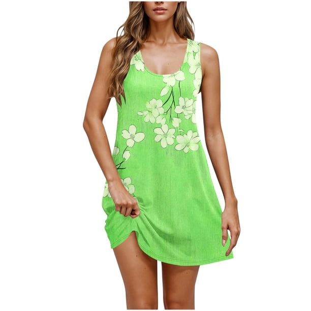 Vestido Corto de Verano Casual de Moda Impreso Cuello Redondo Bolsillo sin Mangas de las Mujeres, Vestido Casual para Diario