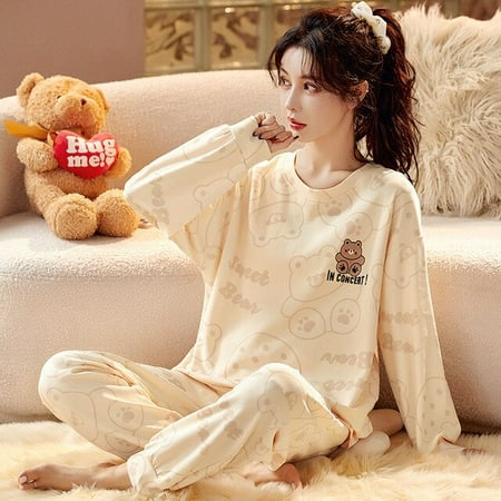 

CoCopeaunt Spring womens long-sleeved pants set of loungewear combed cotton cute cartoon can be worn outside pajamas sleepwear women