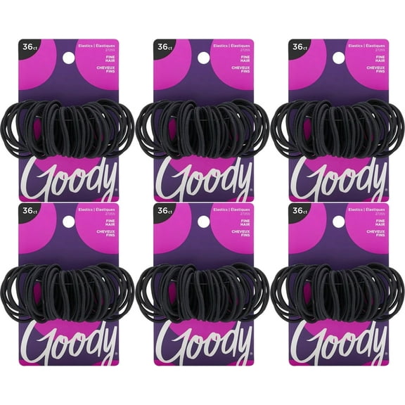 (6 pack) Goody Ouchless Elastics, Black Hair Ties, Ponytail Holder, 2mm Hair Elastics, 36 Ct