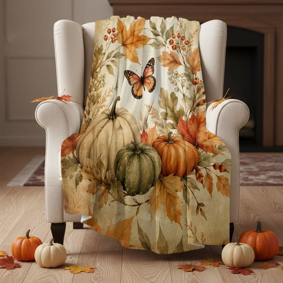 Fleece Blanket Autumn Harvest Pumpkin Maple Leaves Blankets,Soft Cozy Warm Flannel Throw Blanket,Thanksgiving Fall Plant Blanket for Bed Couch Sofa 30x40in