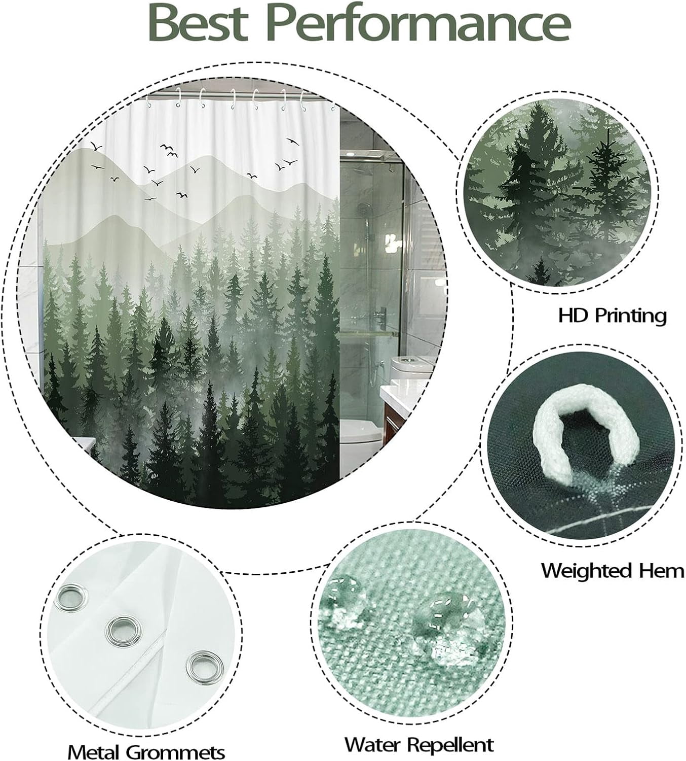 84 Inch Extra Long Green Misty Forest Shower Curtain Ombre Sage Green Mountain Pine Tree Waterproof Fabric Shower Curtains for Bathroom Nature Woodland Decorative Modern Bath Curtain Decor