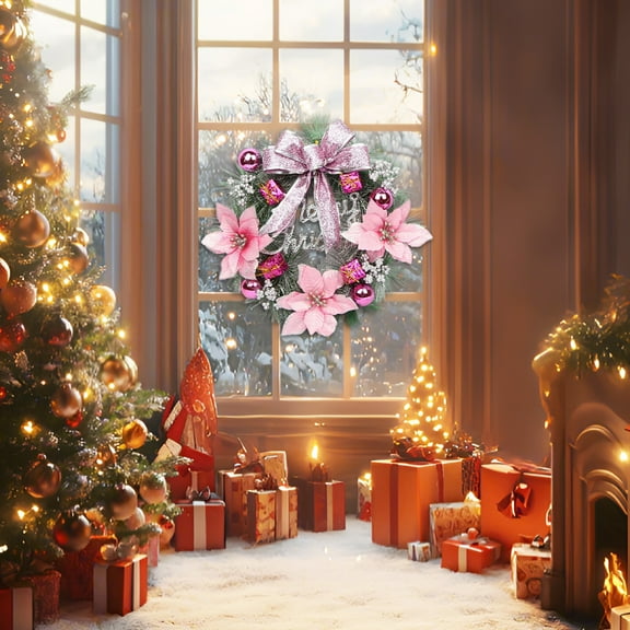 Festive Christmas Wreath for Front Door Decor, Indoor Outdoor Holiday Decorations with Bow, Plastic Hanging Wreath for Wall and Home Christmas Party