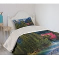 thumbnail image 2 of Ambesonne Landscape Quilted Coverlet 2 Pcs, River Log Lake Village, Twin Size, Green Blue and Dark Pink, 2 of 5