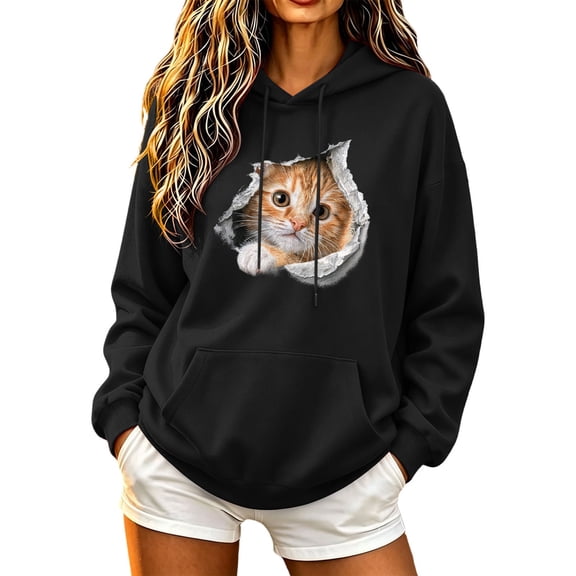 FAVIPT Funny Halloween Sweatshirts for Women Cute Cat Print Oversized Hoodies Drawstring Long Sleeve Pocket Casual Pullovers Black,S