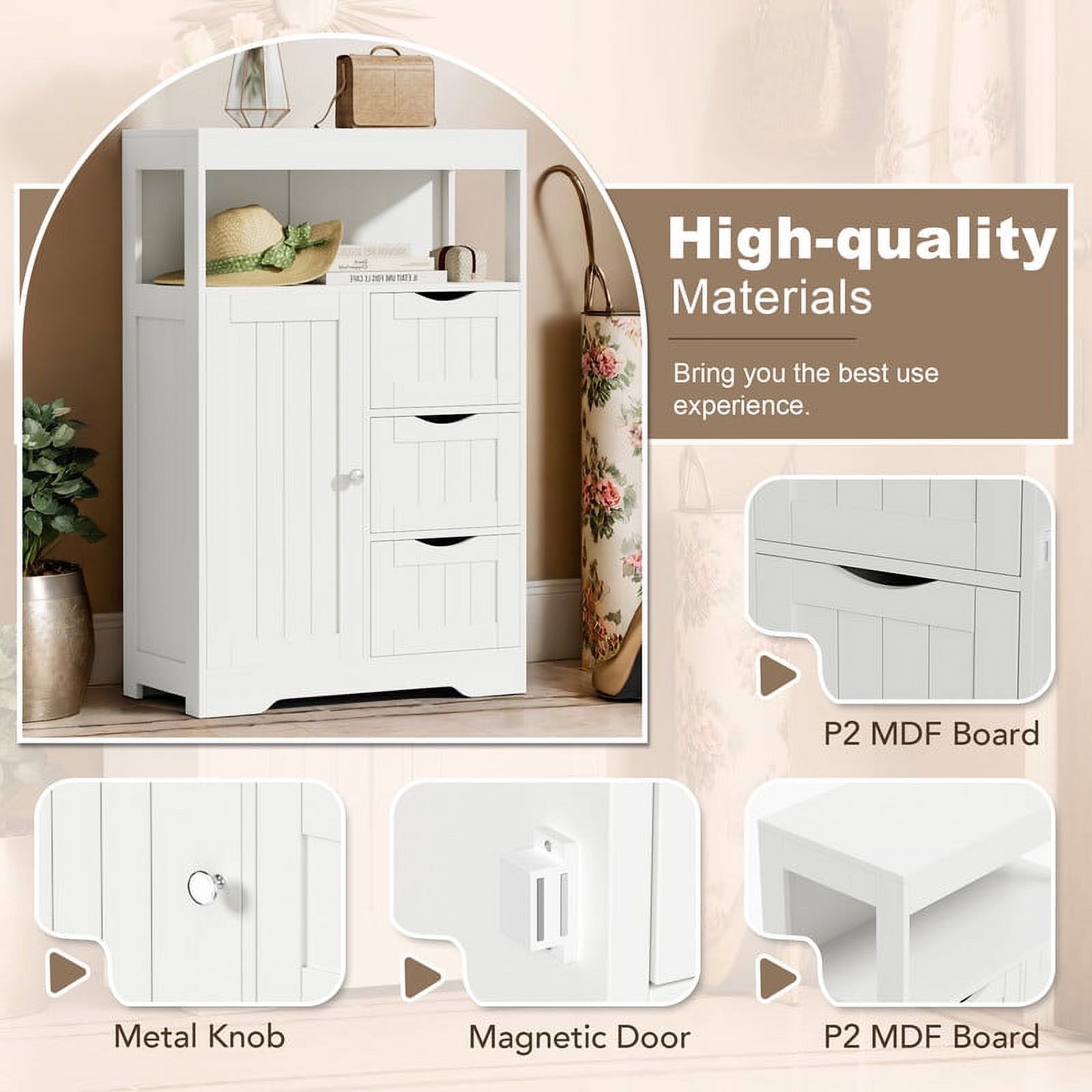 Homall Wood Bathroom Floor Cabinet with 3 Drawers and 1 Cupboard Free Standing Storage Organizer Hallway Entryway Cabinet for Living Room Kitchen, White