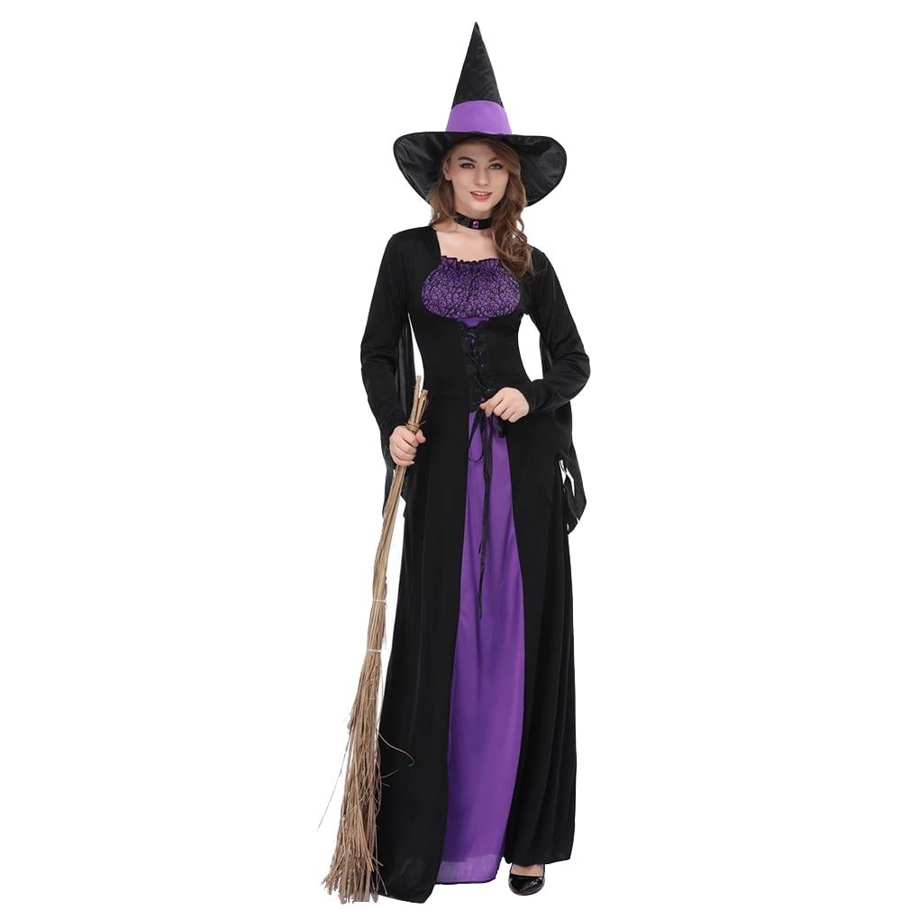 Haillom Women Black Purple Witch Dress Sorceress Cosplay Adult Halloween Party Costume Images Haillom Women Black Purple Witch Dress Sorceress Cosplay Adult Halloween Party Costume