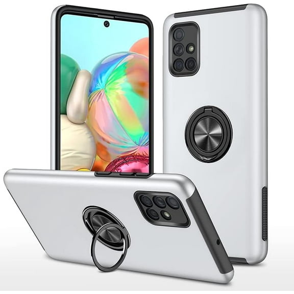 Case for SamsungGalaxy A51,Smooth Dual Layer Hard Military Phone Case with 360 Degree Ring Stand Silicone Bumper Shockproof Protective Case (Camera Protection) Magnetic Car Holder Cover-Silver