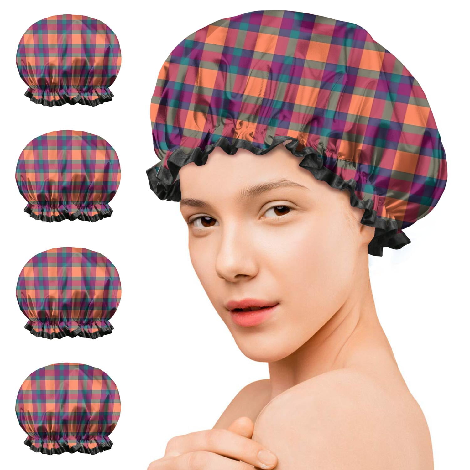 Shower Caps,Multi Color Checkerboard Checkered Pattern Waterproof Shower Cap for Women 4 Pieces,Double Reusable Hair Cover for Shower PEVA Elastic Stretch Hem