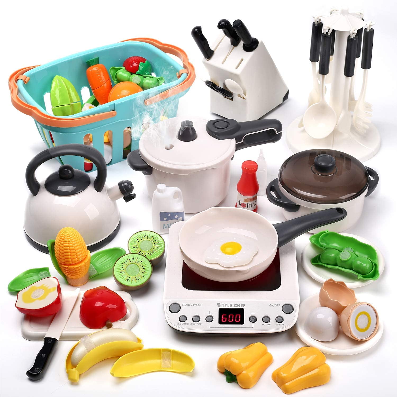 BeebeeRun Pretend Play Kitchen Toys,Kids Kitchen PlaySet with Electronic Induction Cooktop Steam Pressure Pot,Cookware,Kitchen Accessories,Cut Play Food,Shopping Basket,Learning Gifts for Girls Boys 