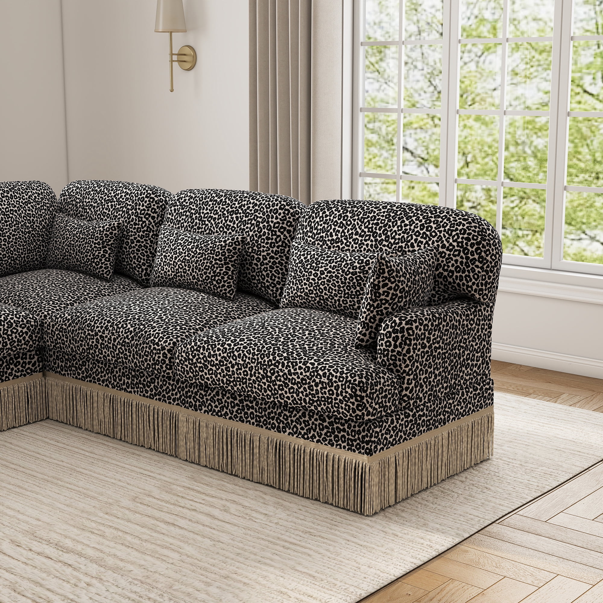 97" U Shaped Leopard Chenille 5 Seater Corner Sofa Couches with 2 Throw Pillows and 4 Lumbar Pillows